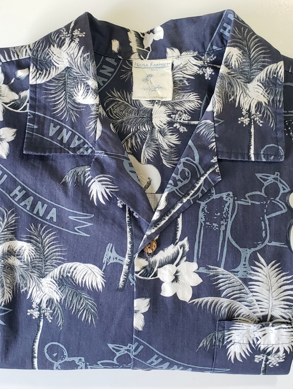 Vintage Hana Fashion 100% Cotton Navy Blue Hawaiian SS Shirt Men's Size XL